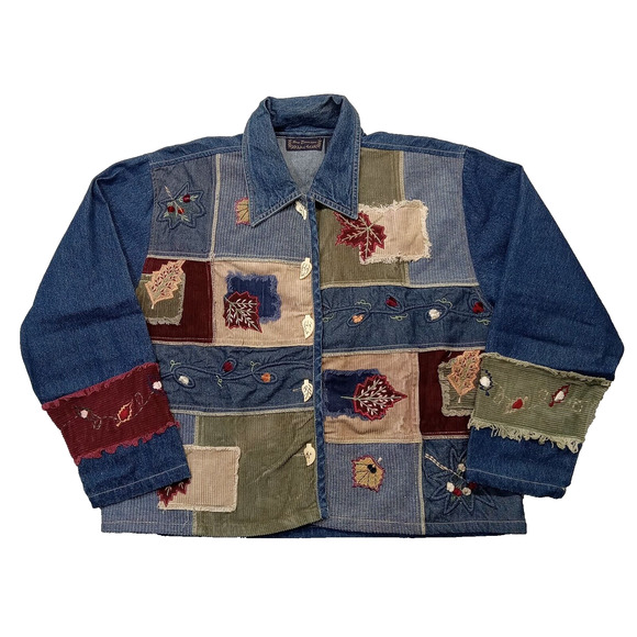 New Direction Jacket M Women's Patchwork Corduroy Blue Denim Jean Cotton - Picture 1 of 7